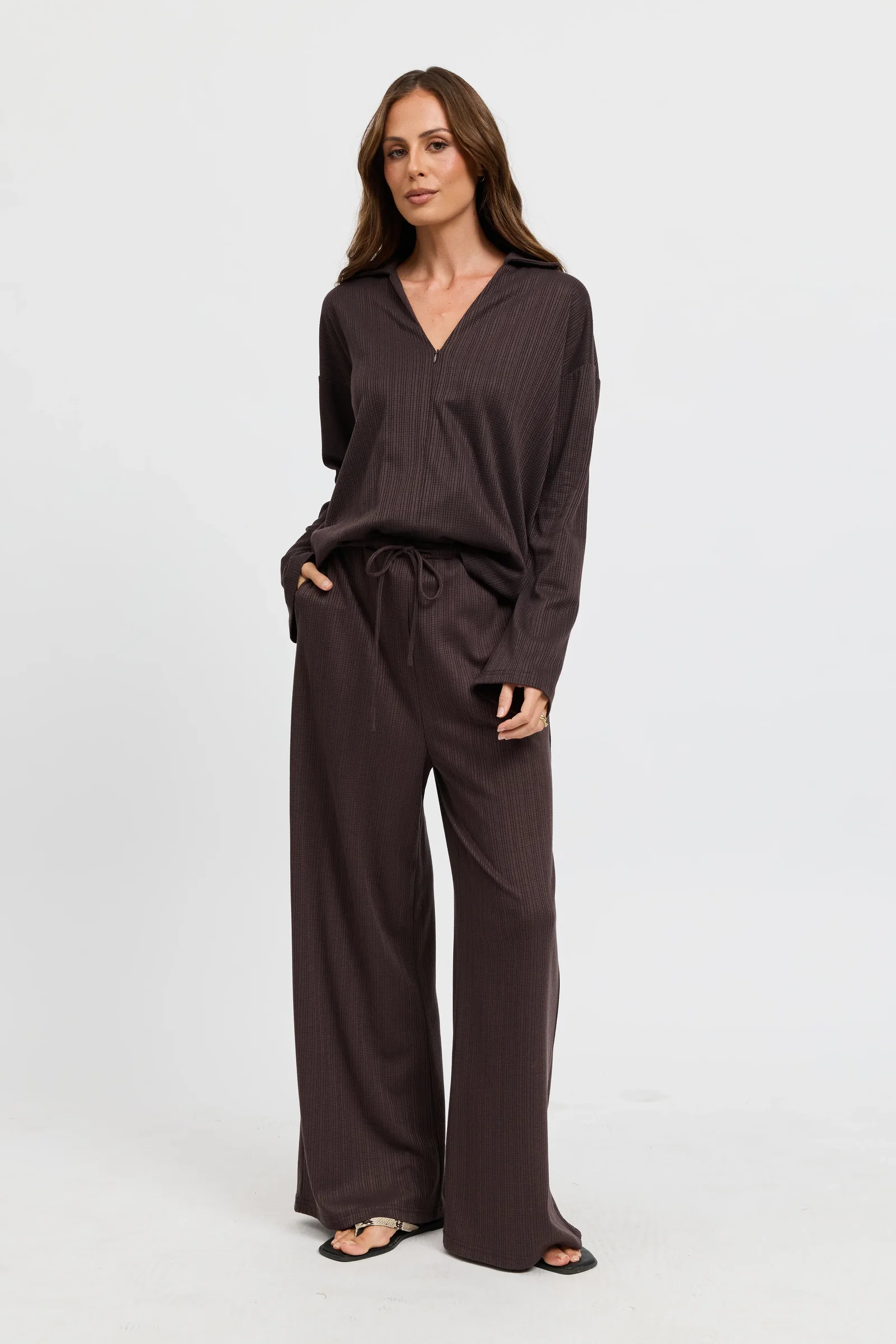 Image of Ivy Waffle Zip-Front Top - Chocolate