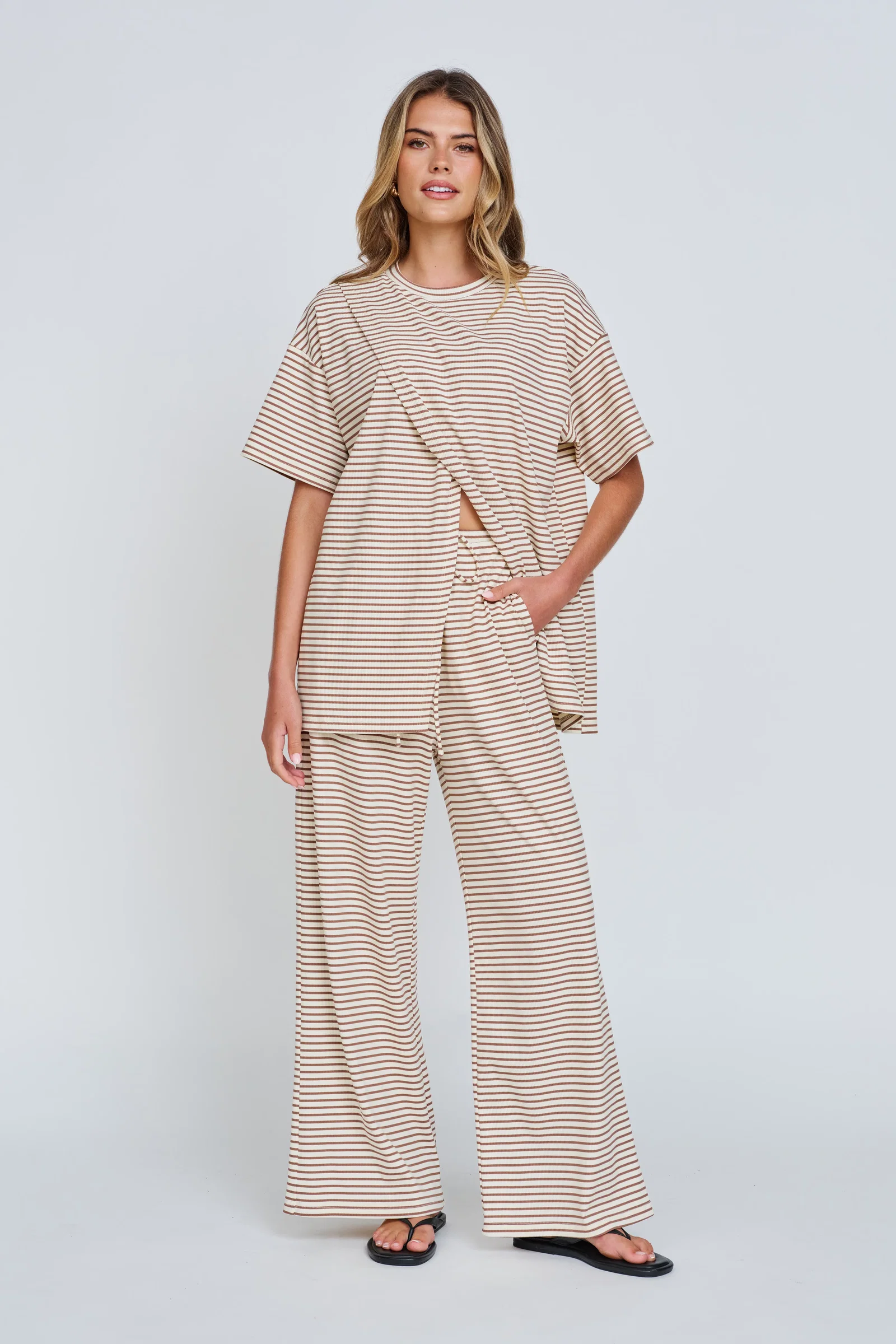 Image of Ivy Stripe Longline Wrap Tee - Cream / Tan