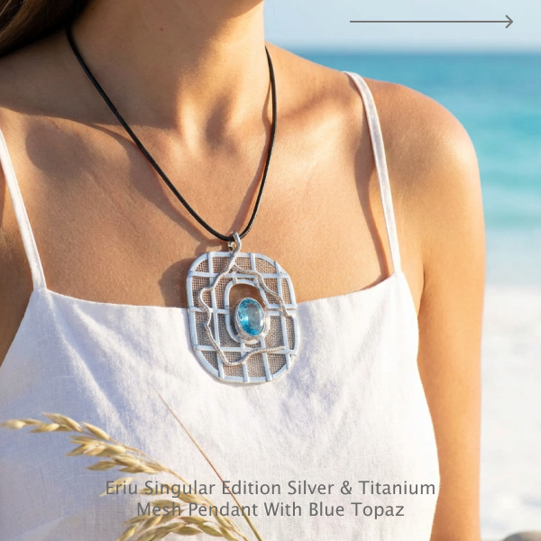 Eriu Singular Edition Silver & TitaniumMesh Pendant With Blue Topaz
