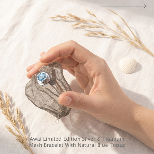 Awai Limited Edition Silver & TitaniumMesh Bracelet with Natural Blue Topaz