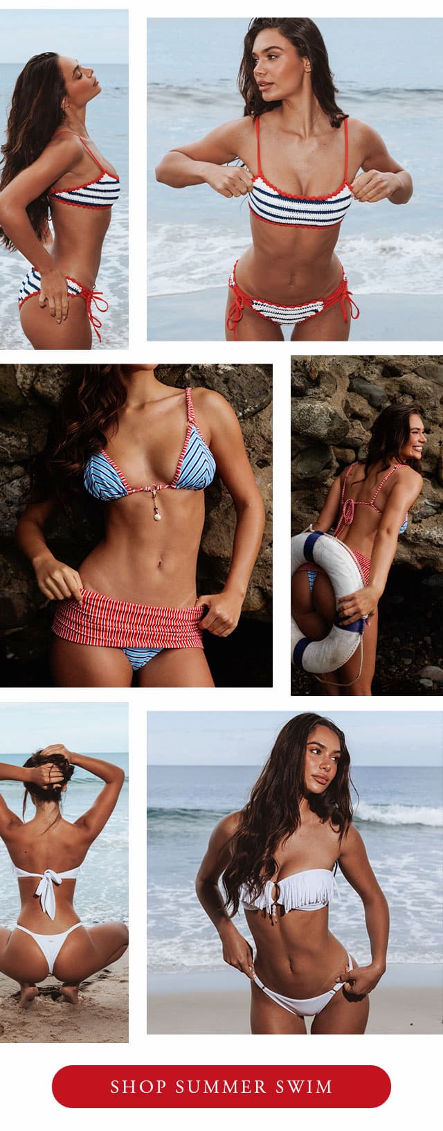 Collage of model wearing red, white, and blue bikinis. Shop swim. 