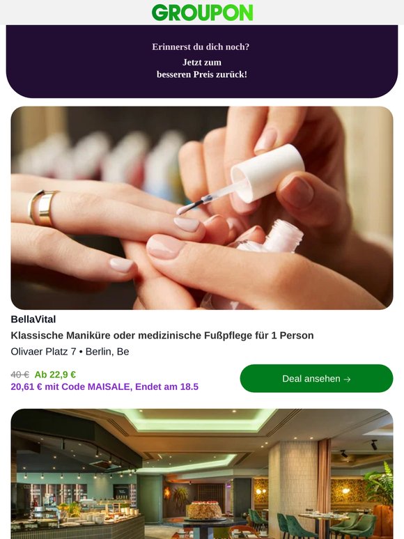 Klassische Maniküre oder medizinische Fußpflege für 1 Person ist jetzt günstiger! Jetzt entdecken.