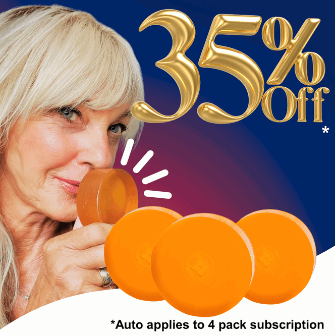 A woman smelling orange soap with 35% Off text in gold lettering