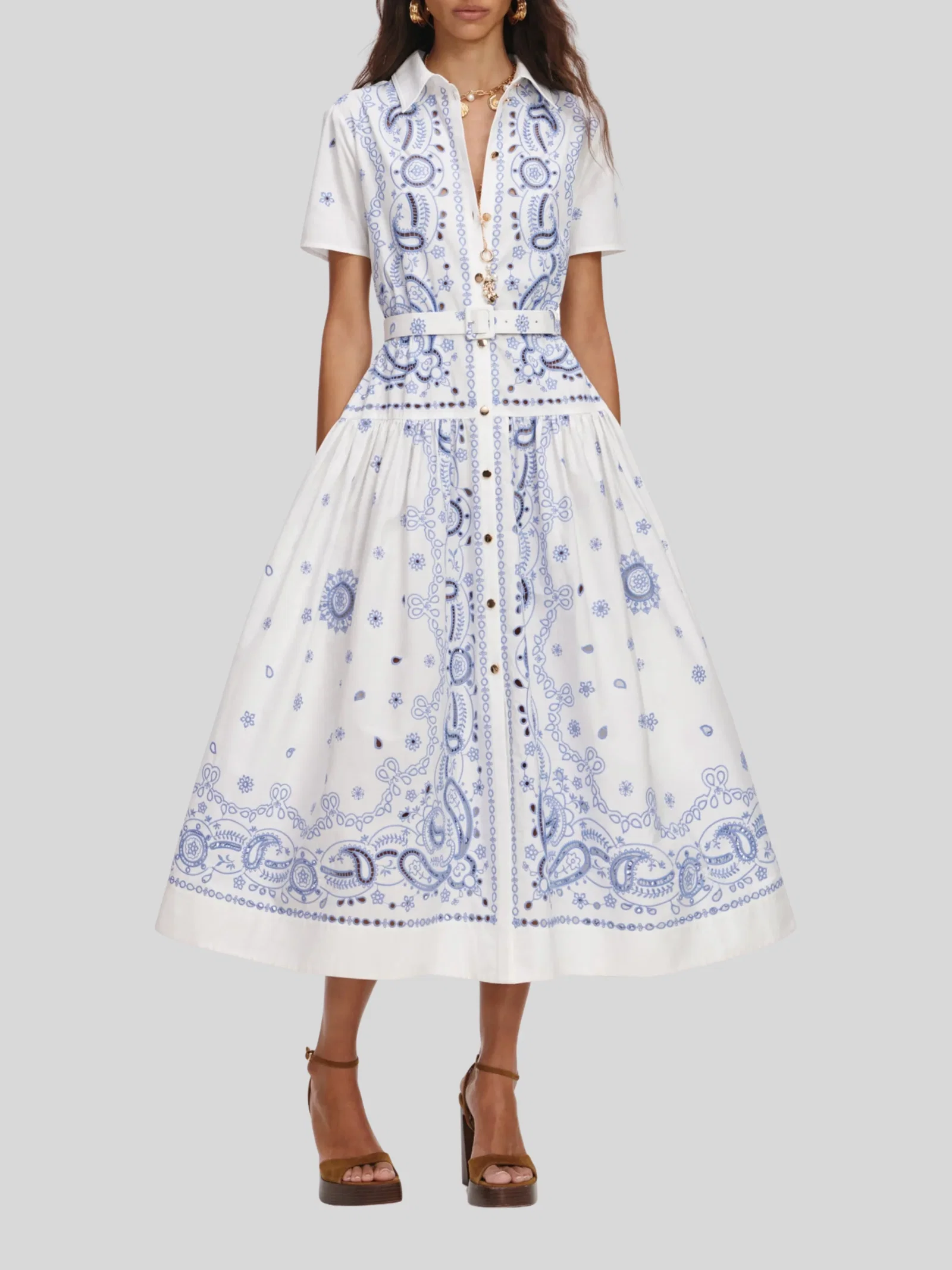 Image of Embroidered Midi Shirt Dress