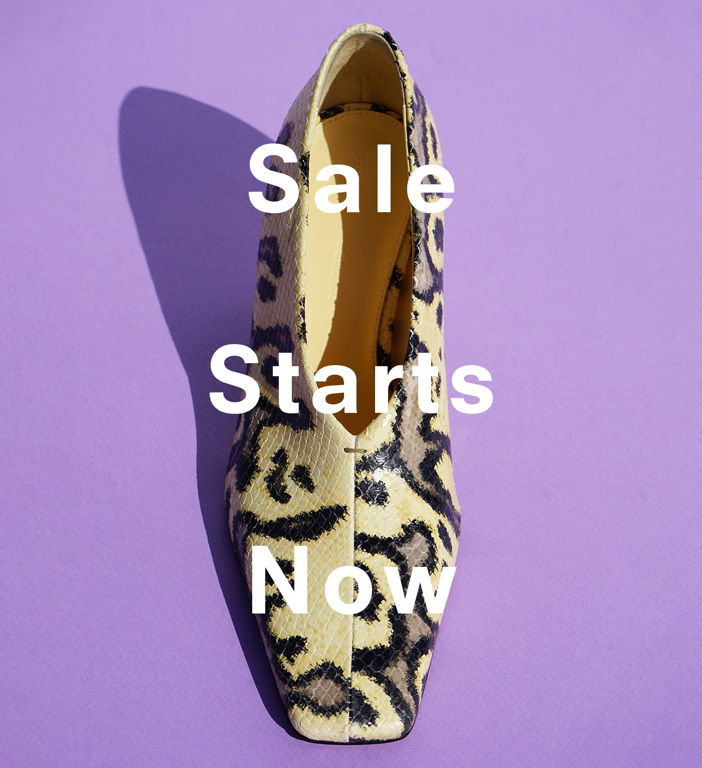 Still life image of Trap Pumps in Embossed Python in Resin Multi on a purple background, 'Sale Starts Now' overlaid
