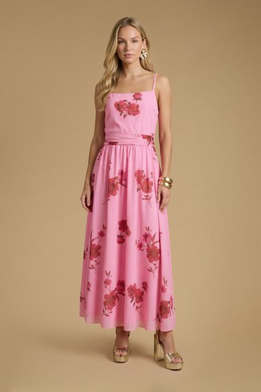 Printed Mesh Strappy Prom Midi Dress