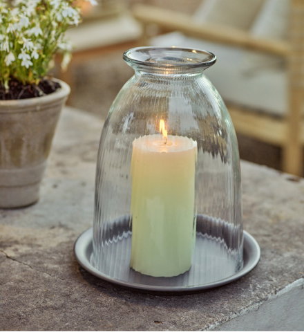 Ribbed Domed Glass Candle Holder with Tray Large