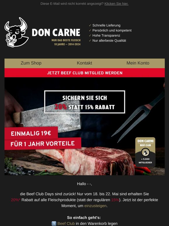 Beef Club Days: Jetzt 20 % statt 15 %