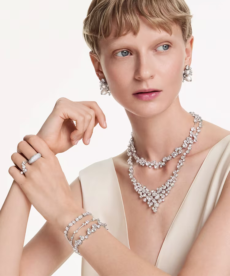 Model wearing Swarovski bridal jewelry
