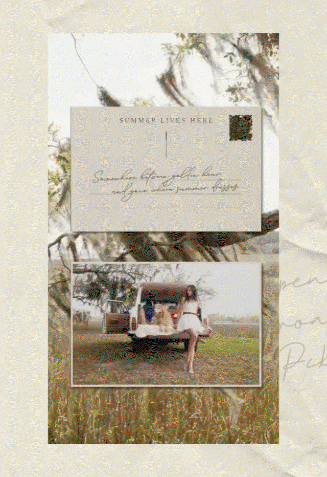 Summer postcard graphic and outdoor SUV scene with people and dog.