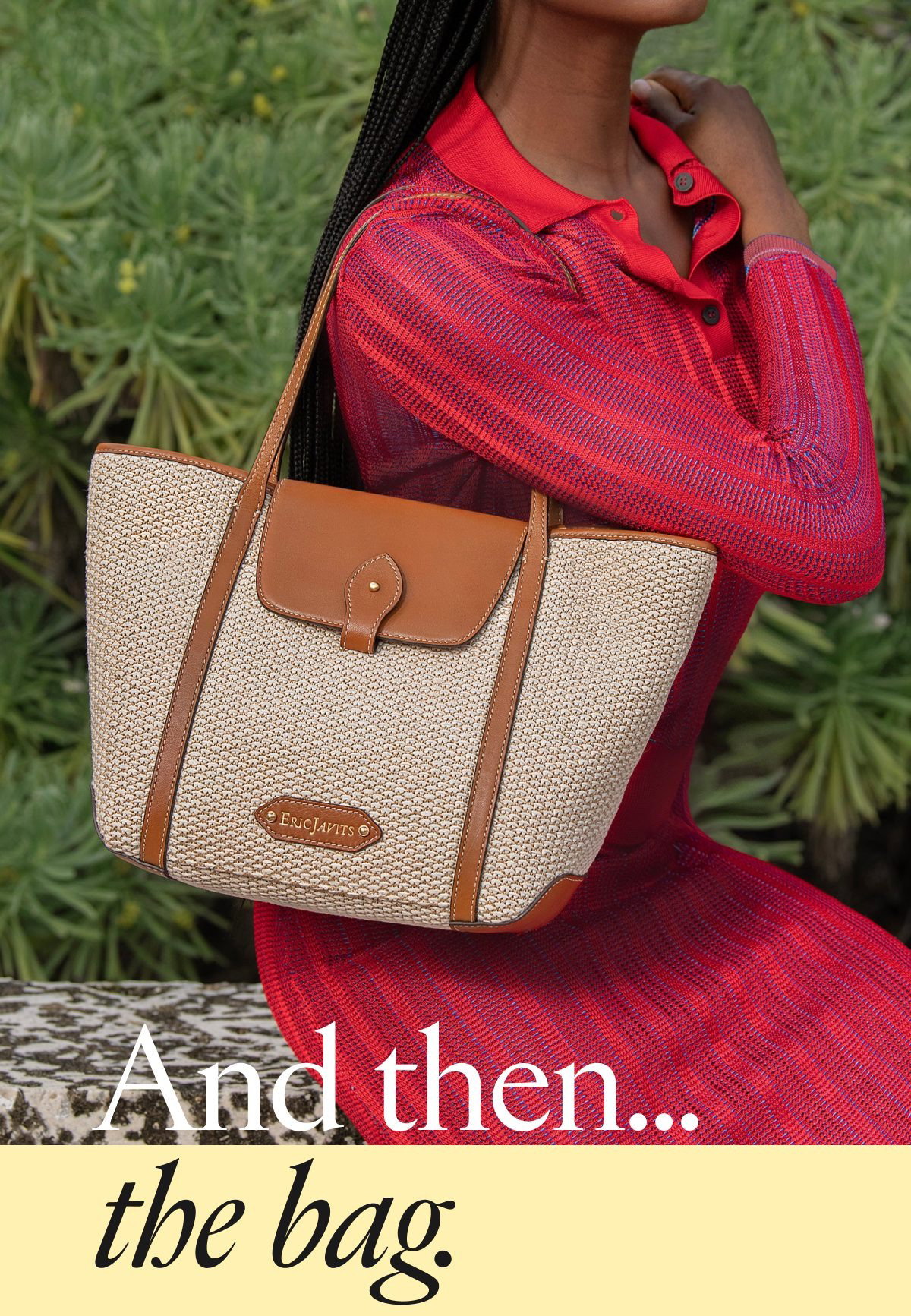 A woman in a red dress holds a tan and woven handbag, with text about summer bags.