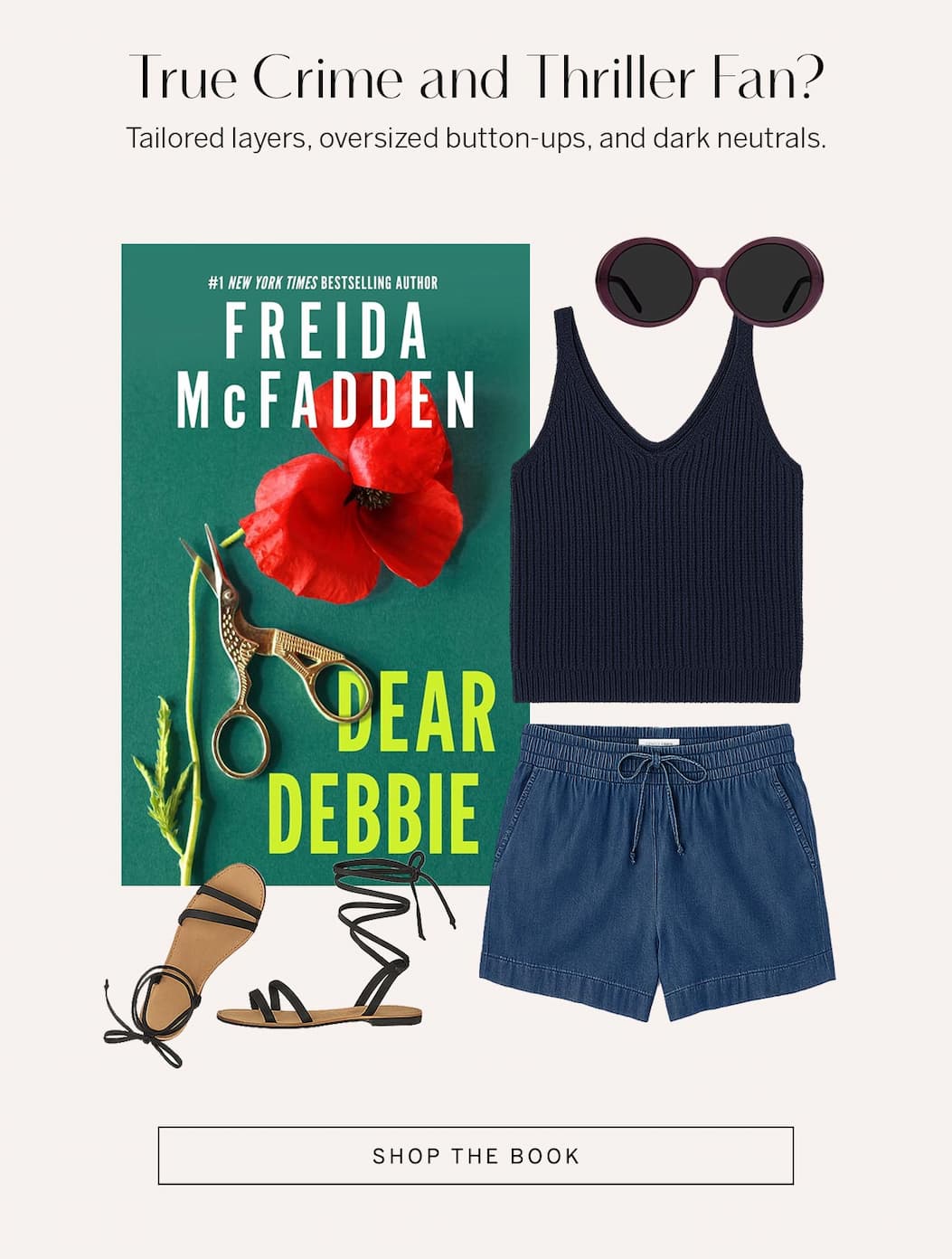 Style ideas for true crime readers. A navy knit tank top and tencel denim shorts
