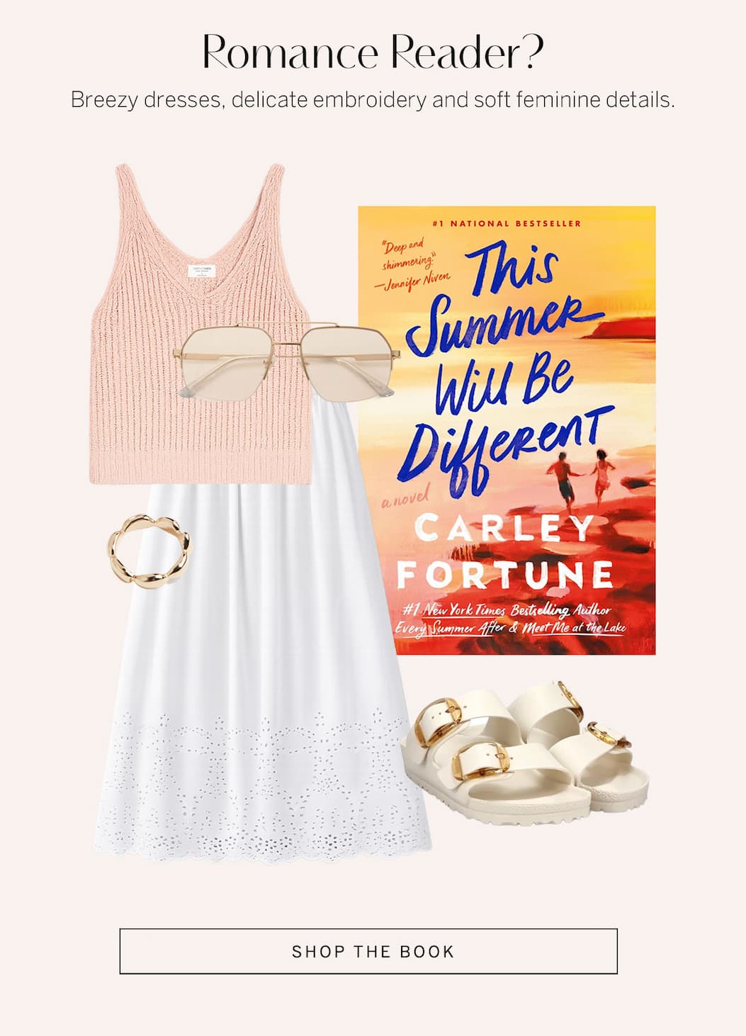 Style ideas for romance readers. A white skirt and pink knit tank top