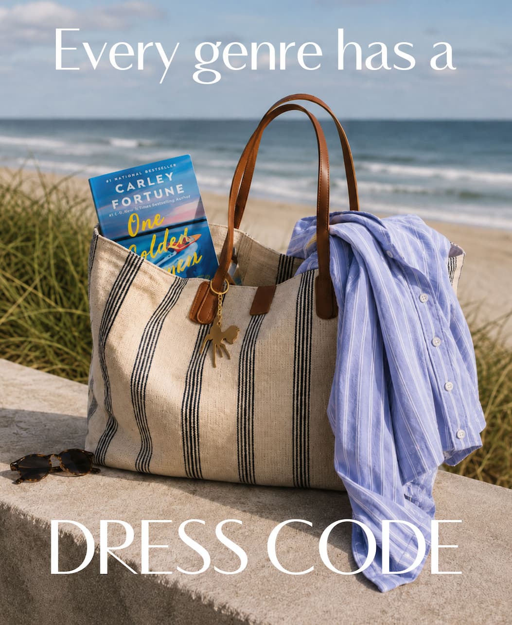 beach bag with a book and button up shirt coming out the top