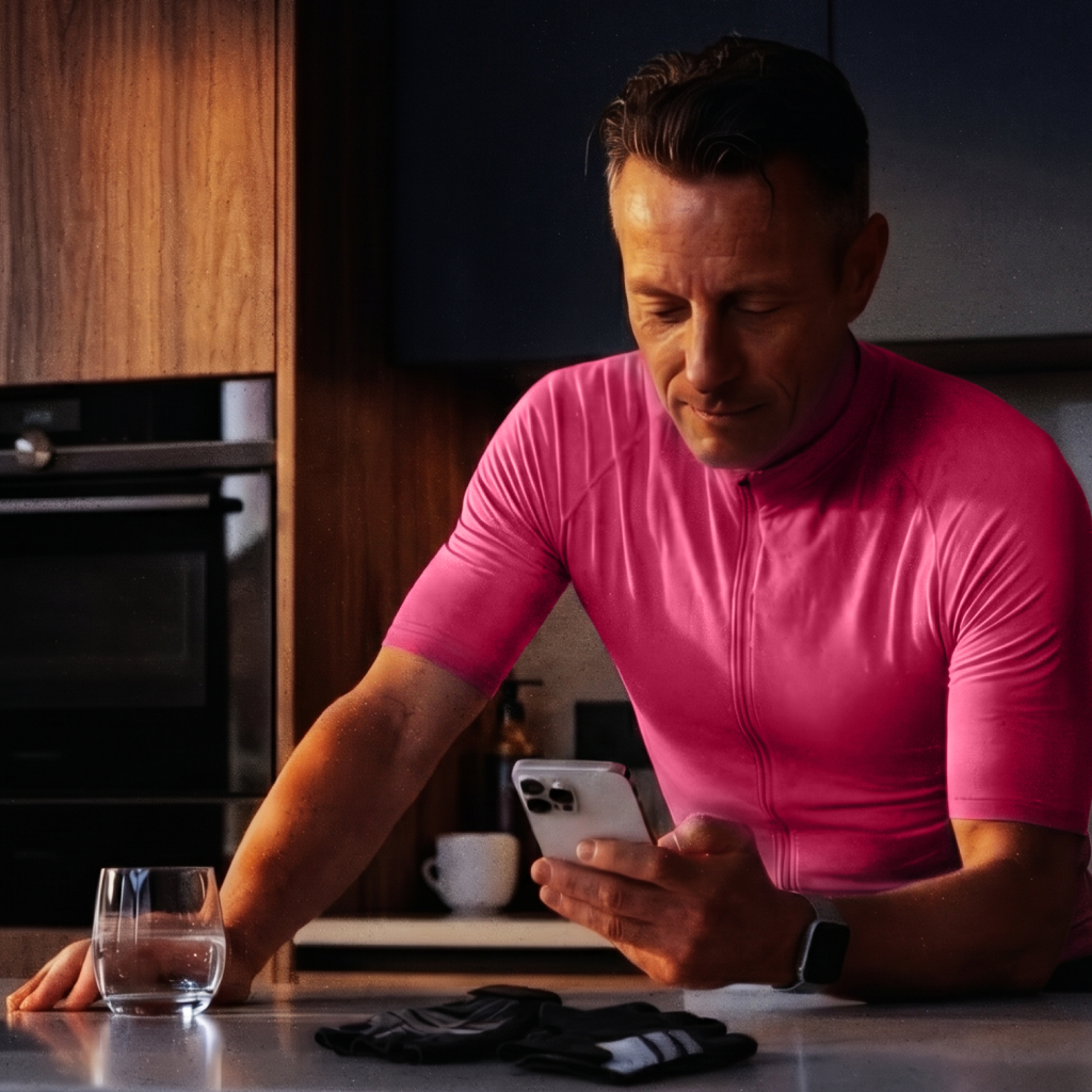 Een man in een roze fietsshirt die op zijn smartphone kijkt in een keuken