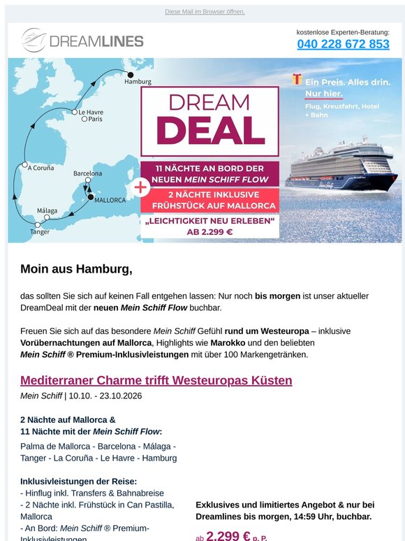 Nur bis morgen: Westeuropa mit der neuen Mein Schiff Flow