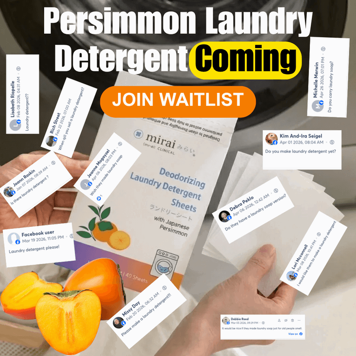A hand holds a package of Mirai Clinical Deodorizing Laundry Detergent Sheets with Japanese Persimmon, surrounded by comments from social media users asking about the product, with fresh persimmons in the foreground. The text (square)