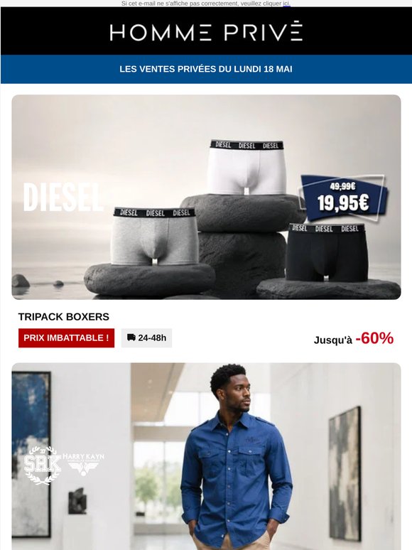 DIESEL, Lot de 3 boxers à 19,95€ | CALVIN KLEIN, BOSS Montres | CERRUTI 1881 Parfums...