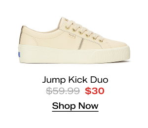 A side view of the Jump Kick Duo Leather Lace-Up in parchment/gold. The style was $59.99 and is now $30. Shop Now.