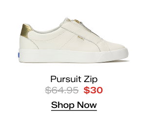 A side view of the Pursuit Zip Leather Metallic Heel Slip-On in snow white/gold. The style was $64.95 and is now $30. Shop Now.