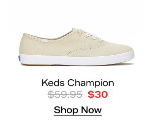 A side view of the Keds Champion Canvas Lace-Up in oatmeal. The style was $59.95 and is now $30. Shop Now.