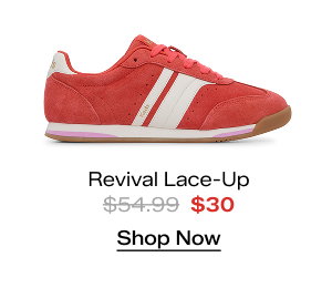 A side view of the Revival Suede/Leather Lace-Up in orange/white. The style was $54.99 and is now $30. Shop Now.