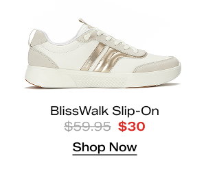 A sideview of the BlissWalk Ubal Leather/Suede Slip-On in snow white/oatmeal/gold. The style was $59.95 and is now $30. Shop Now.