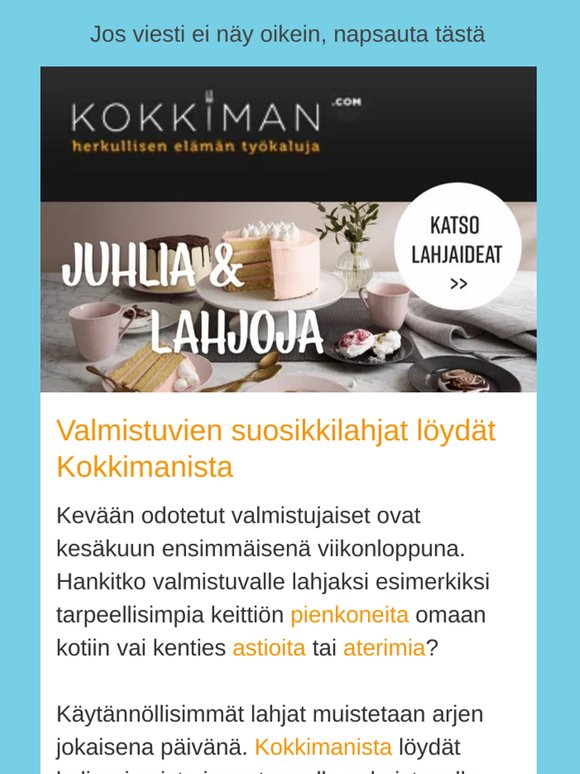 Valmistujaislahjat kulinaristille ja kotikokille. Mukana 10 euron alennuskoodi.