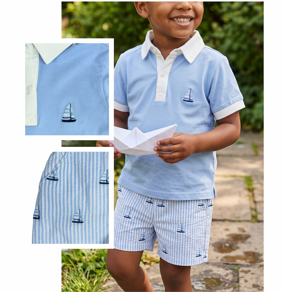 Sailboat Embroidered Seersucker Shorts Set