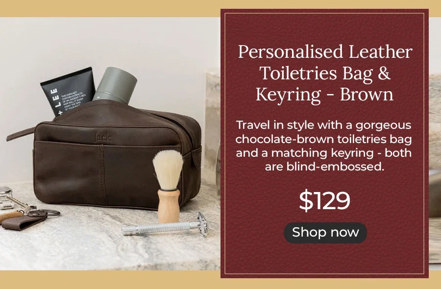 Personalised Leather Toiletries Bag & Keyring - Brown