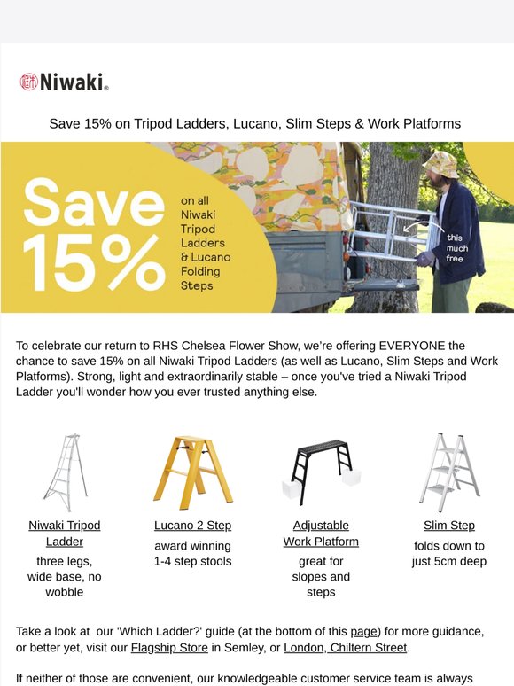 Save 15% on all Niwaki Tripod Ladders