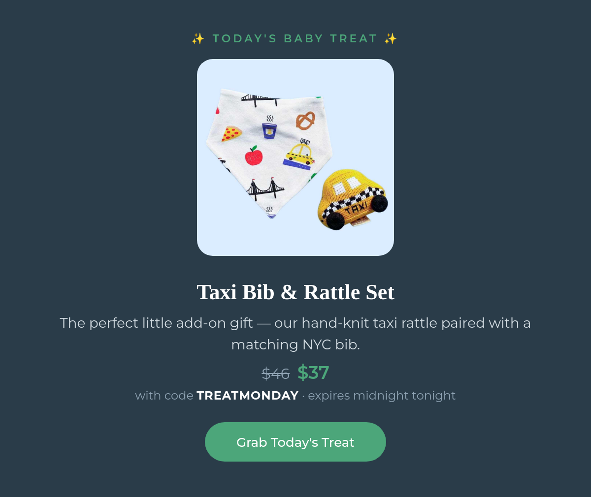 Today's Baby Treat - Taxi Bib and Rattle Set 20 percent off with code TREATMONDAY