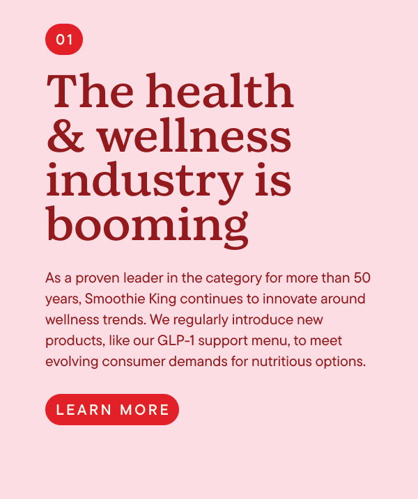 The health & wellness industry is booming. As a proven leader in the category for more than 50 years, Smoothie King continues to innovate around wellness trends.