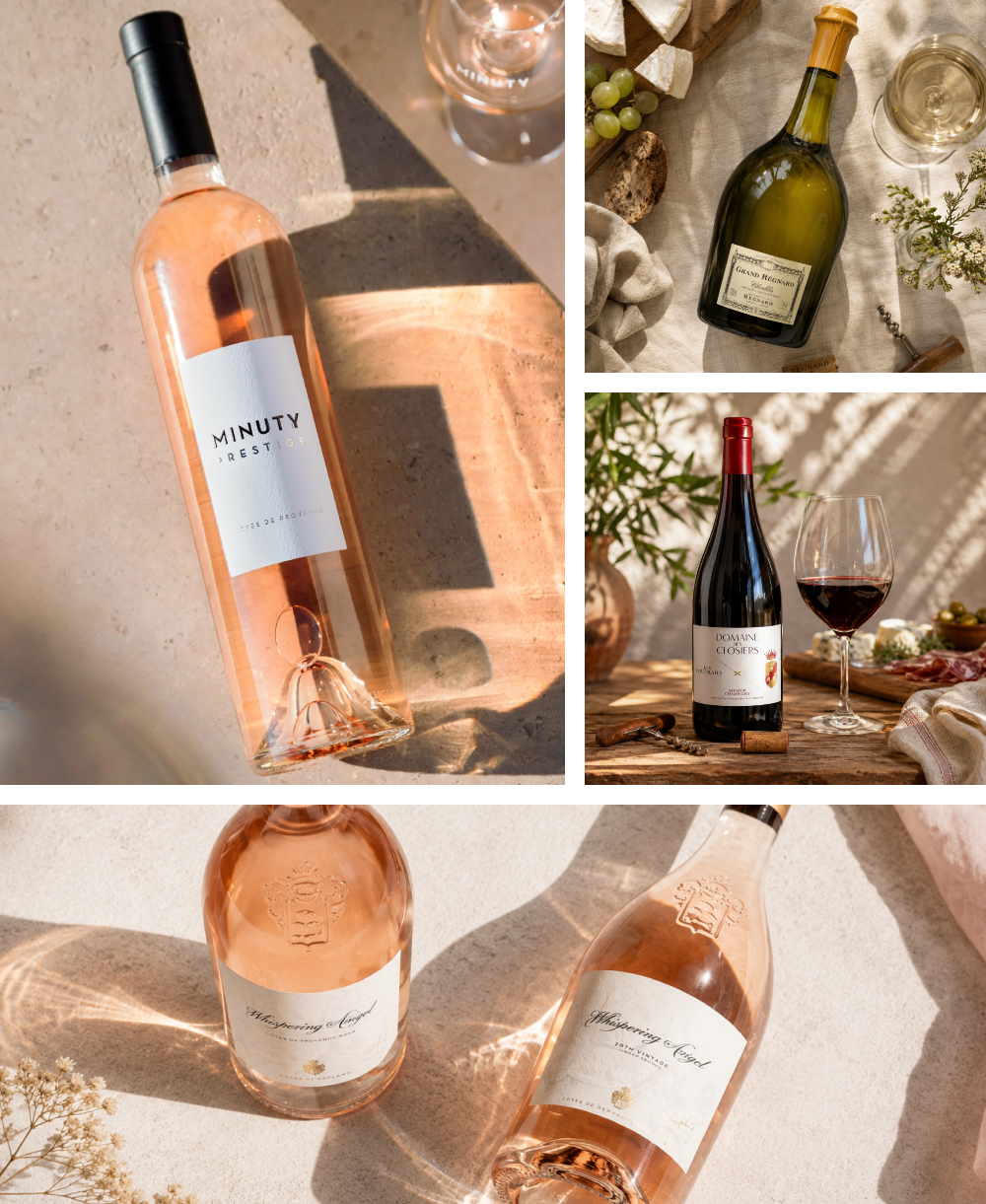 Wine collage: rosé bottles, white wine with cheese and grapes, red wine and glass on a rustic table