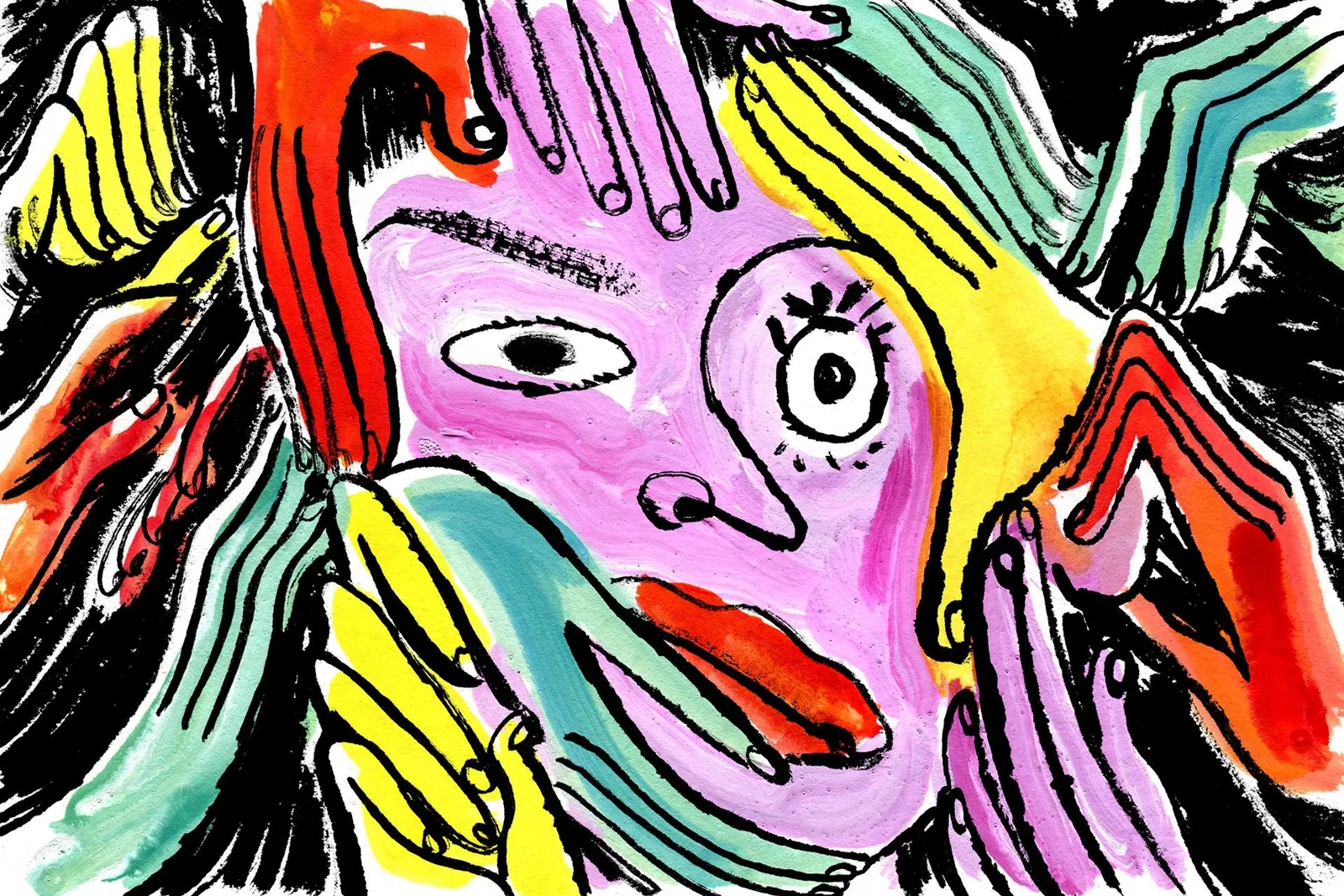An illustration of a face being pulled in different directions by hands | Lauren Tamaki for Vox