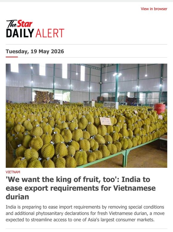 'We want the king of fruit, too': India to ease export requirements for Vietnamese durian