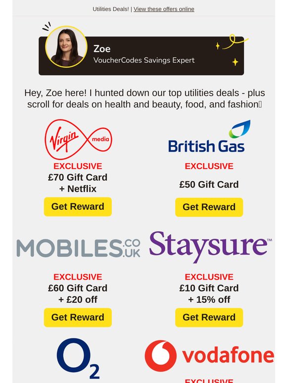 £70 Gift Card at Virgin Media, £50 Gift Card at British Gas HomeCare, £20 off at Mobiles.co.uk