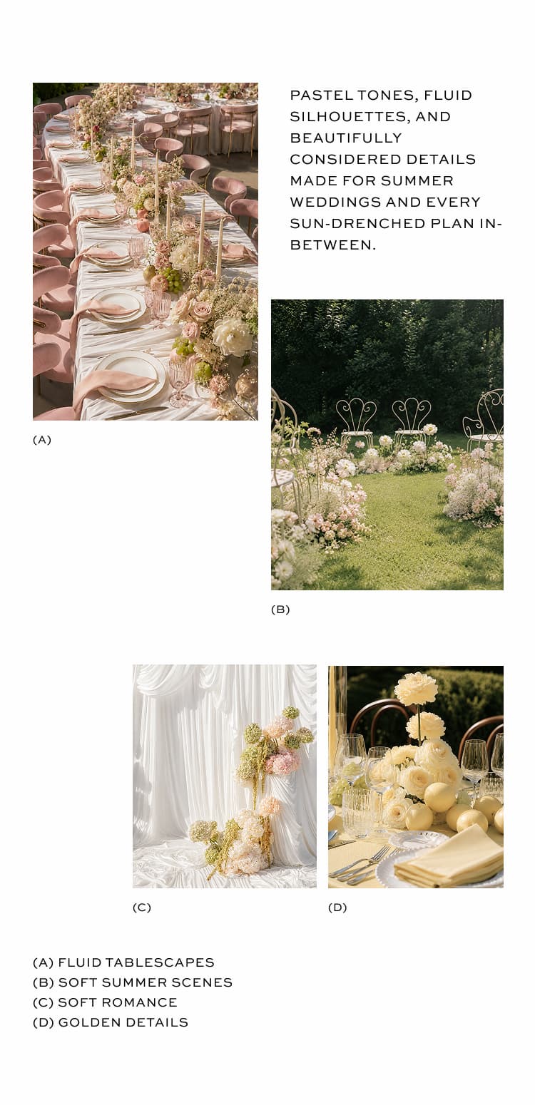 Pastel tones, fluid silhouettes, and beautifully considered details made for summer weddings and every sun-drenched plan in-between
