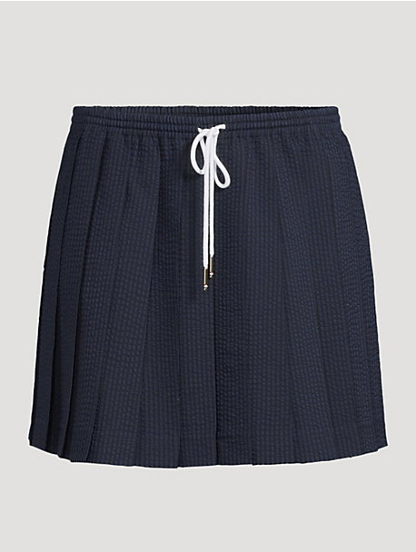 Pleated Seersucker Wool Mini Skirt