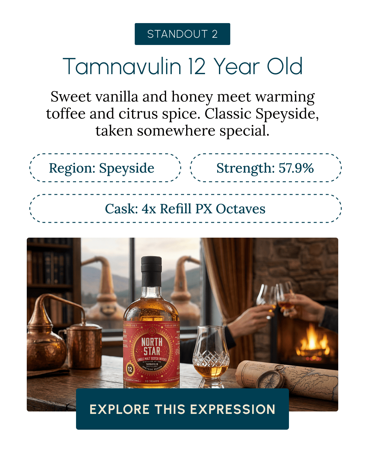 STANDOUT 2 Tamnavulin 12 Year Old Sweet vanilla and honey meet warming toffee and citrus spice. Classic Speyside, taken somewhere special. Region: Speyside Strength: 57.9% Cask: 4x Refill PX Octaves Explore This Expression