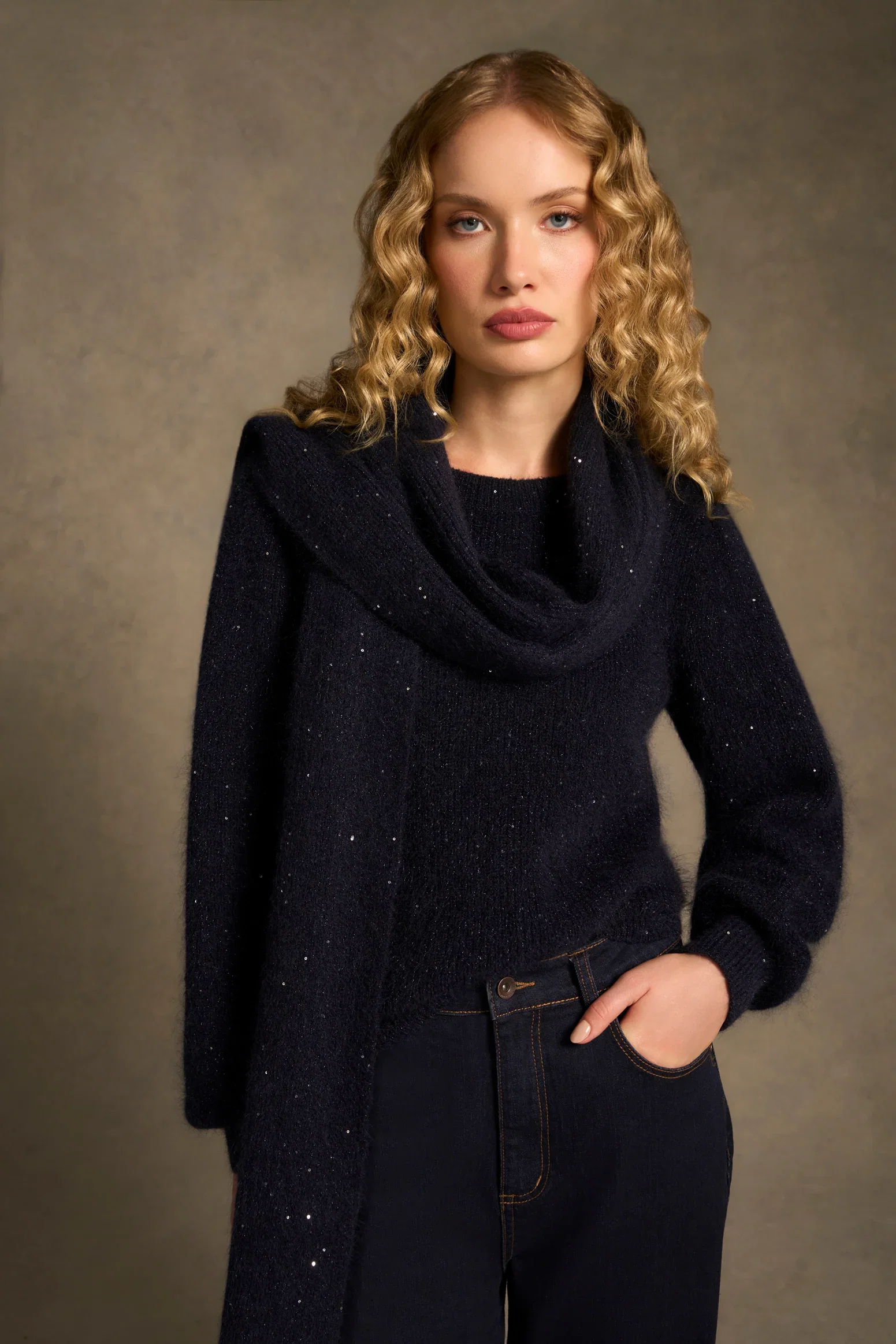 Image of Knitted Metallic Scarf - Dark Blue