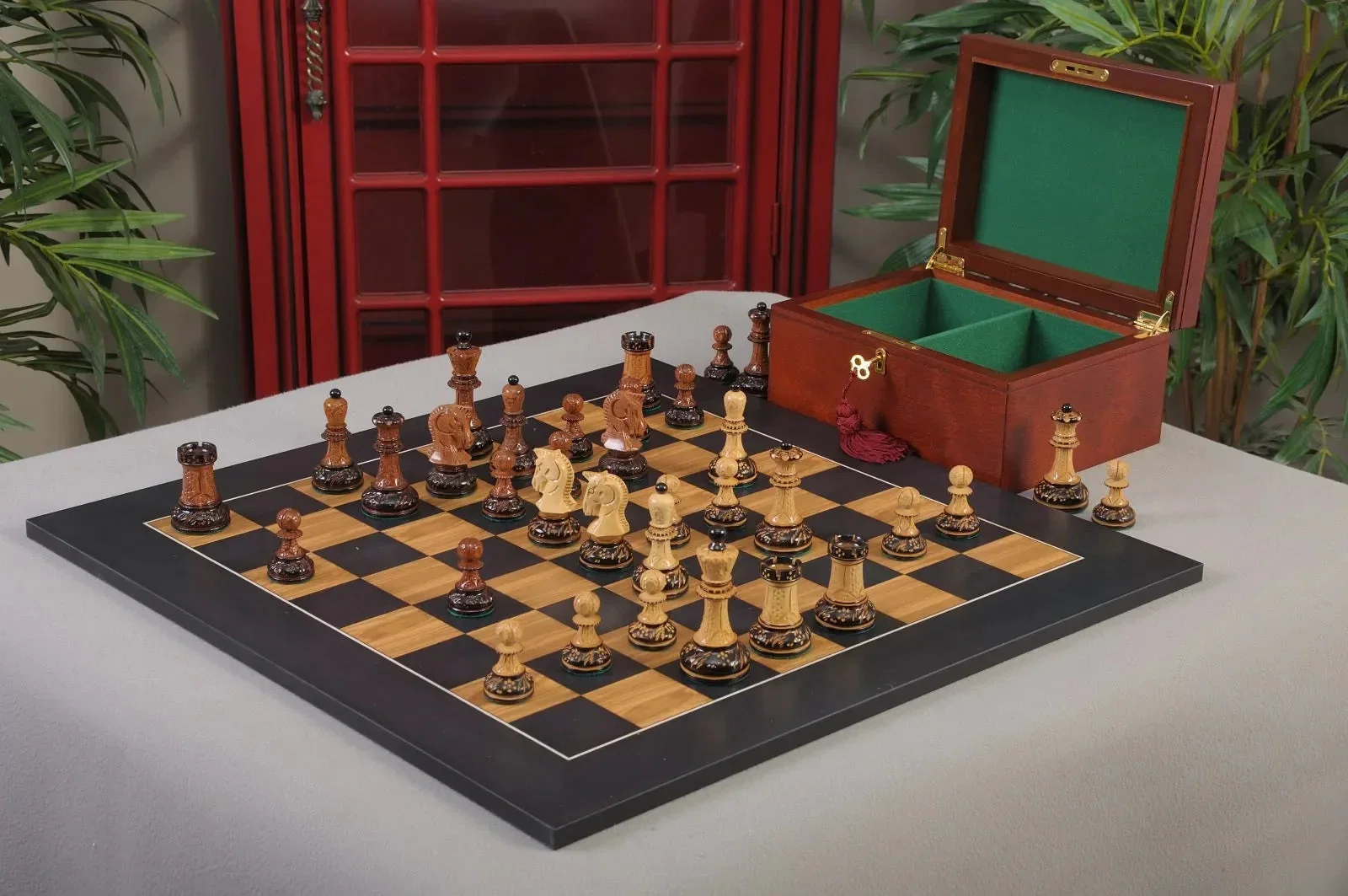 Image of The Burnt Golden Rosewood Dubrovnik Series Chess Set, Box, & Satin Board Combination