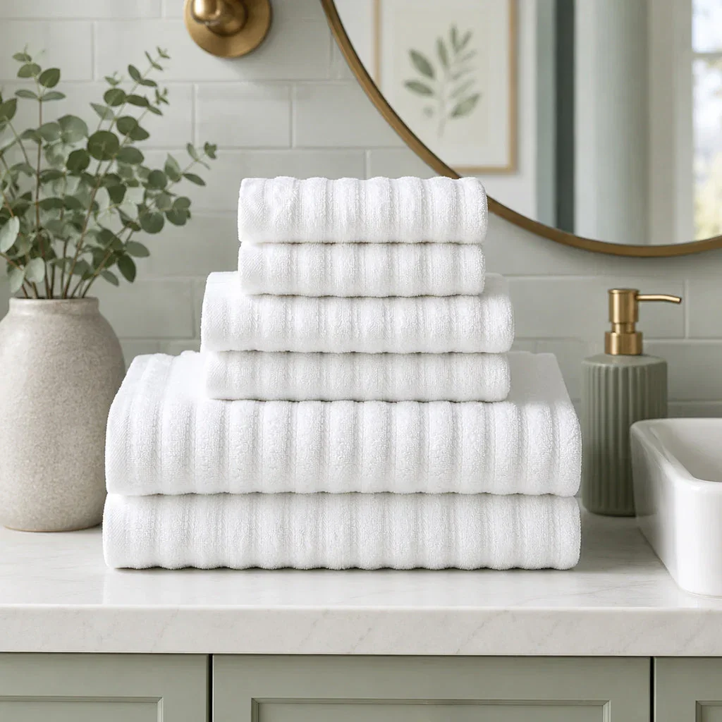 Stack of white ribbed towels displayed on a bathroom vanity with plants and bath accessories from Cosy House Collection.