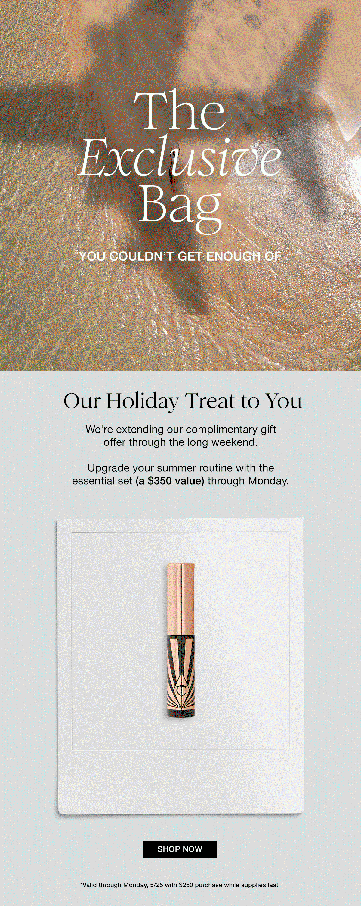 Your Summer Ritual On Us” promotional offer highlighting a complimentary 14-piece beauty gift valued at $350 with purchases over $250