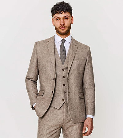 Tailored Fit Beige Herringbone Tweed Three Piece Suit Image
