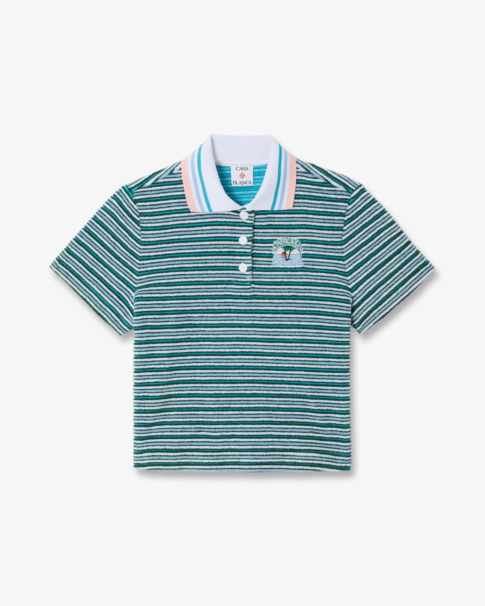 Image of Teal Striped Towelling Short Sleeve Polo Shirt