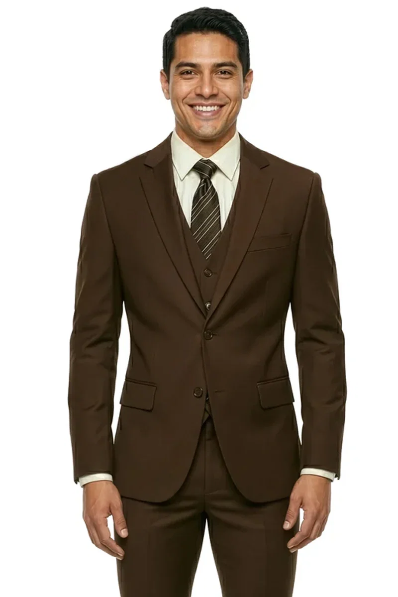 Men's Two Button Slim Fit Vested Solid Basic Color Suit in Chocolate Brown