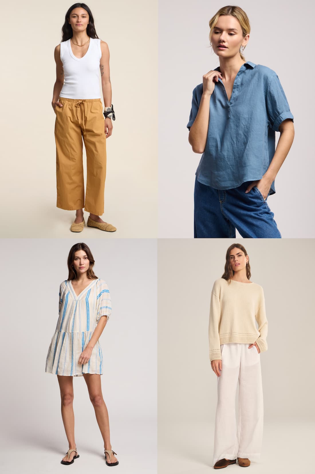 Top left model wearing Allegra Pant. Top right model wearing Vivica Top. Bottom left model wearing Selita Dress. Bottom right model wearing Lola Pant.