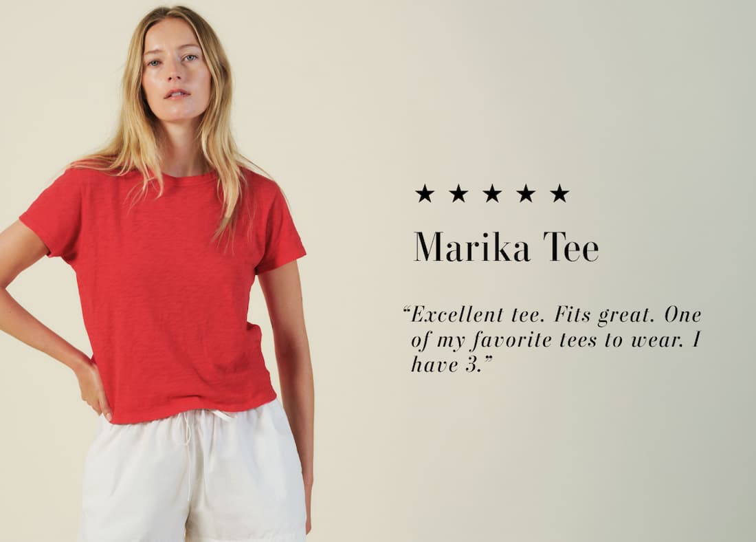 Model wearing Marika Tee. Text reads: 5 stars, Marika Tee. Customer review reads, "Excellent tee. Fits great. One of my favorite tees to wear. I have 3."