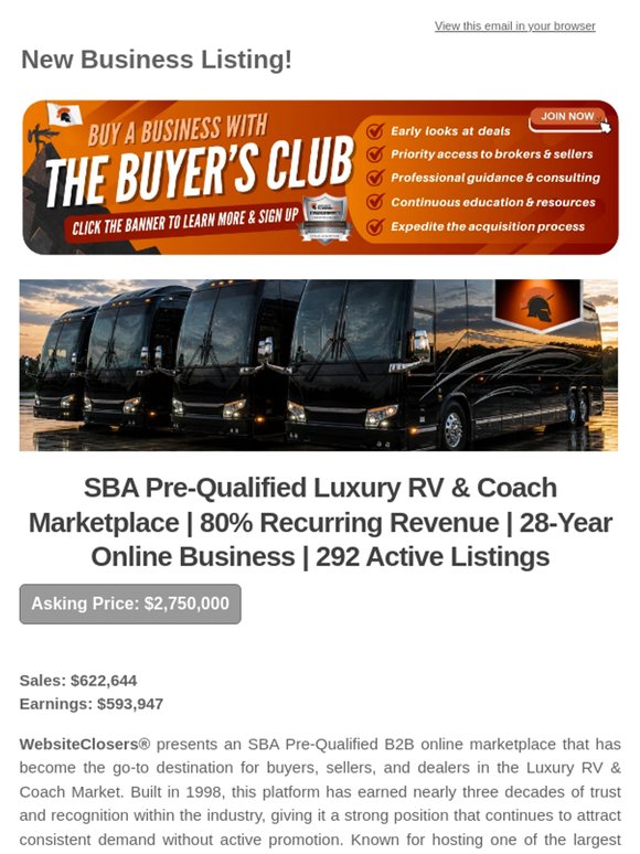 New Deal Alert: SBA Pre-Qualified Luxury RV & Coach Marketplace | 80% Recurring Revenue | 28-Year Online Business | 292 Active Listings